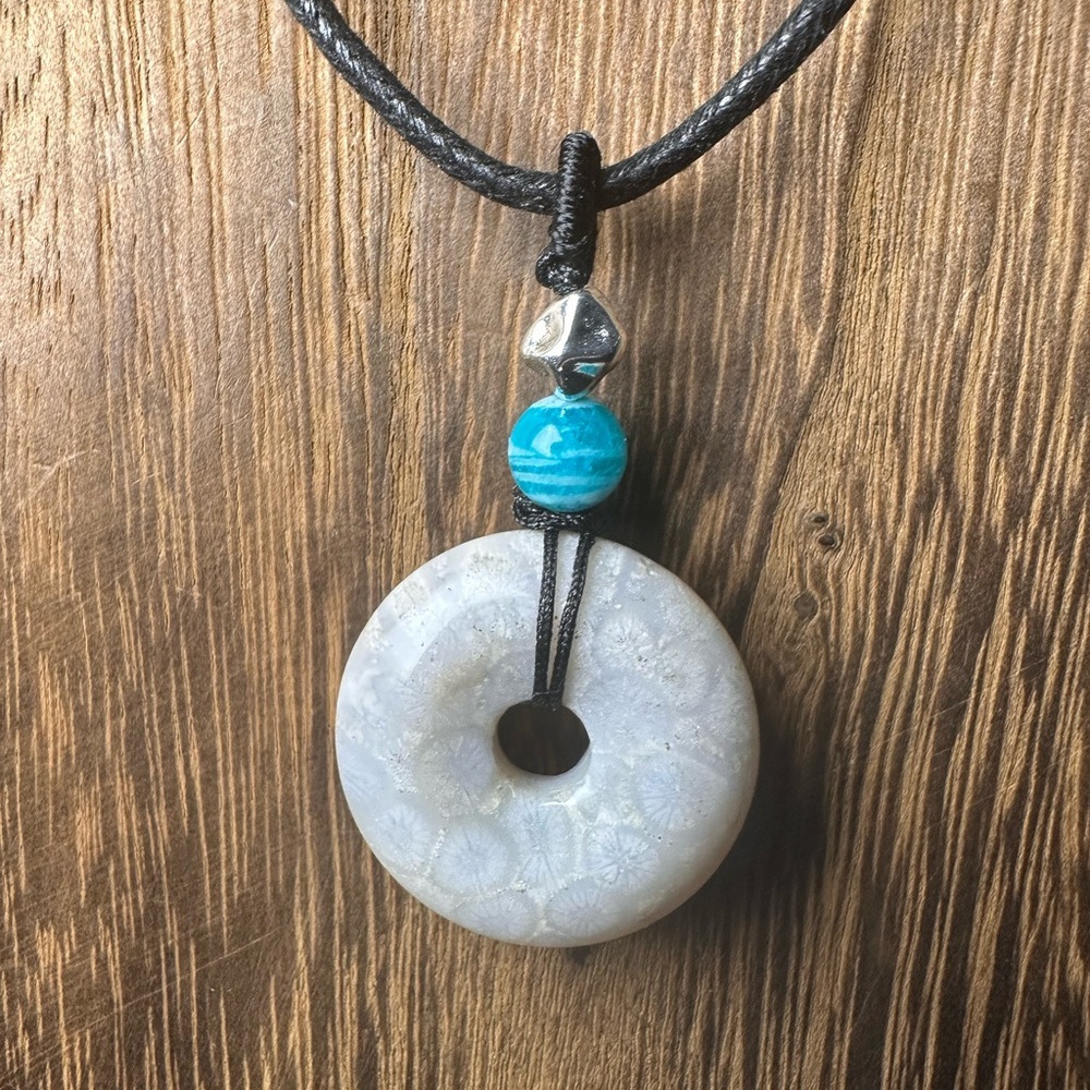 Coral Fossil Donut Pendant Necklace on Black Rope, Amazonite